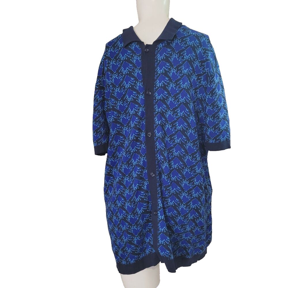 Express XL knit sweatshirt button front collar geometric blue knit stretch